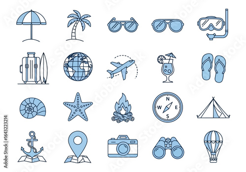 Collection of summer vacation icons representing travel destinations and tropical getaways for a relaxing holiday adventure