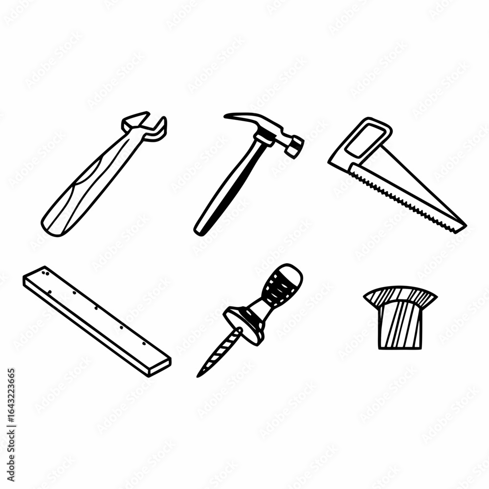 Collection of carpentry tools isolated on white background, including hammer, saw, wrench, and level Collection of carpentry tools isolated on white background, including hammer, saw, wrench, and level