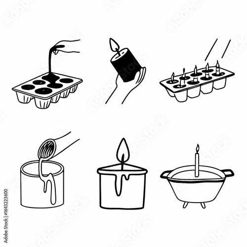 Candle making process illustration with pouring wax into mold and finished candle isolated on white background