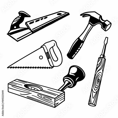 Hand drawn carpentry tools isolated on white background, including saw, hammer, screwdriver, level and plane