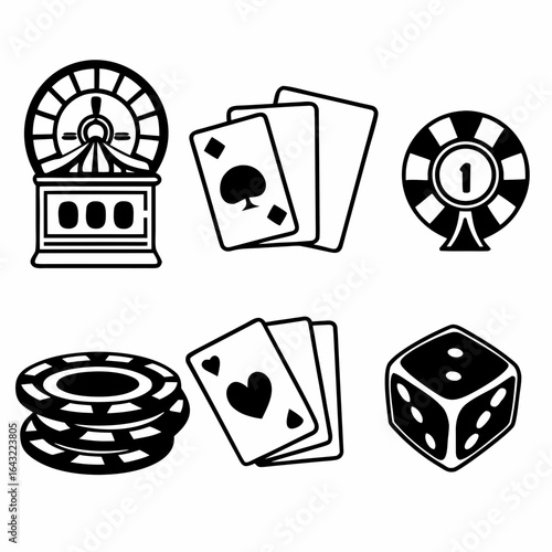 Casino and gambling icon set with roulette, cards, chips, and dice isolated on white background