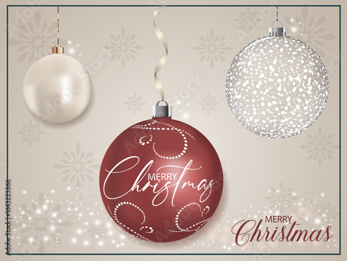 A red pearly ornament with a Christmas blessing and a stylish decorative pattern.