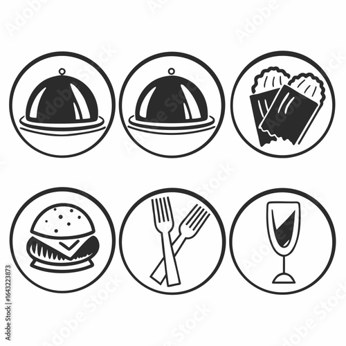 Illustration of food and drink icons in a circle, isolated on white background, suitable for restaurant menu