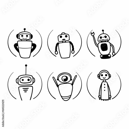Illustration of six different robots isolated on white background in a simple and minimalist style