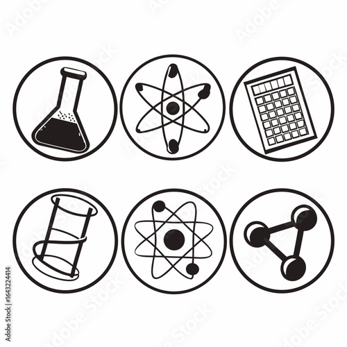 Science icons set with chemistry, physics and mathematics symbols isolated on white background