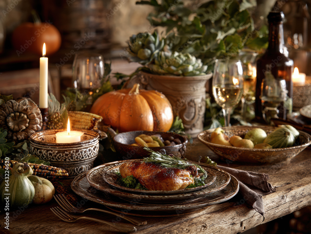 Fototapeta premium Autumn Dinner with Candlelight and Rustic Decor