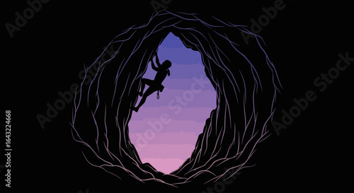 woman climber silhouette emerging from cave at sunset overcoming challenges achieving success reaching new heights