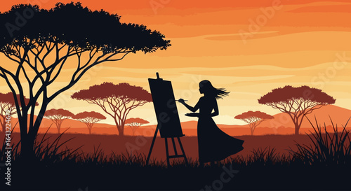 african sunset silhouette of a female artist painting the serene savanna landscape perfect for travel art and nature projects