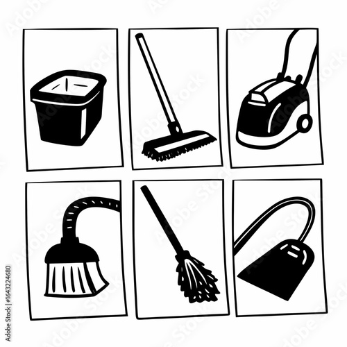 Illustration of cleaning tools, including bucket, mop, vacuum, broom, and dustpan isolated on white background
