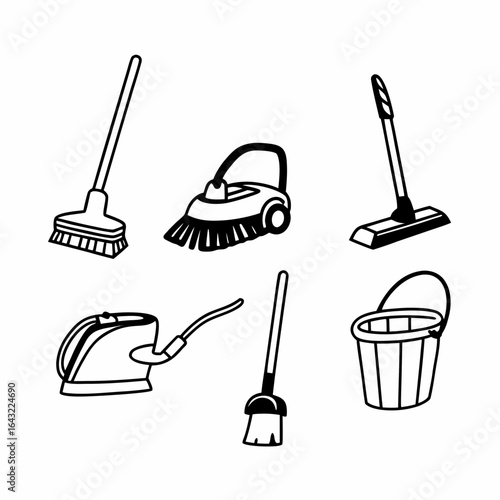 Collection of cleaning equipment isolated on white background, including brooms, brushes, bucket and other tools