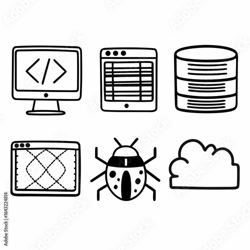 Hand drawn icons of software development, bug fixing, database management, and cloud computing isolated on white background