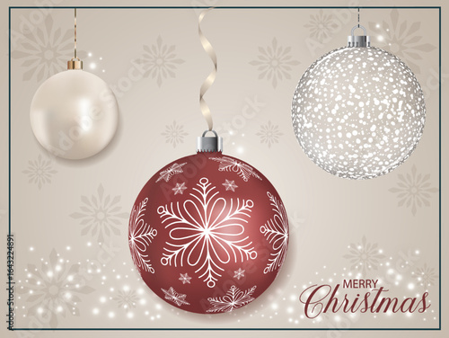 An artistic red pearly Christmas bauble showcasing a white detailed snowflake design on a background filled with arranged snowflakes.