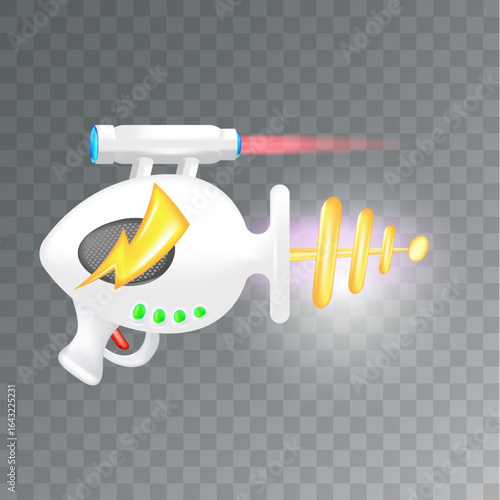 Cartoon super space energy blaster isolated on transparent background. Retro game label or icon with vintage space laser pistol gun. Tesla electric coil gun