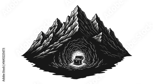 unearthing hidden treasure a dramatic black and white illustration of a mountain cave concealing a chest of riches symbolizing the discovery of valuable assets financial success or hidden potential