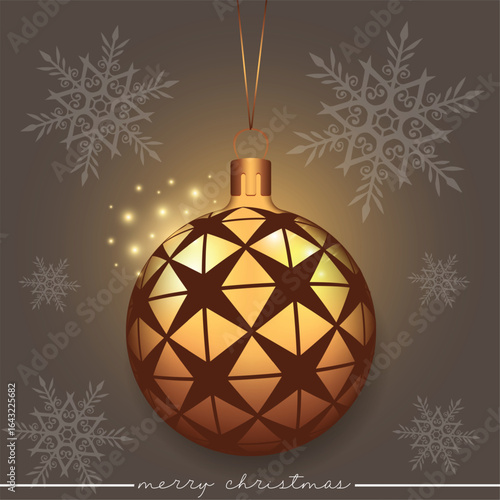 A festive Xmas ball featuring a star pattern design, placed against a winter-themed background decorated with falling snowflakes.