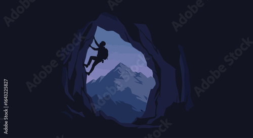 overcoming obstacles a climbers silhouette emerging from a dark cave into a majestic mountain sunrise representing perseverance and the pursuit of success