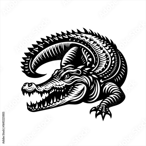 Stylized black and white illustration of a fierce alligator