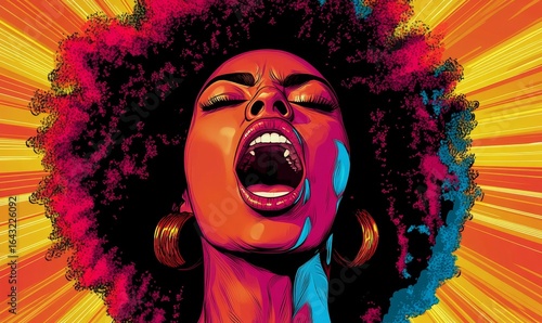 Illustration of an Afro woman screaming in pop art style, emphasizing vibrant colors and energetic strokes to reflect a modern and artistic representation, Generative AI