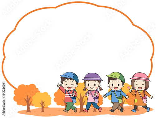 秋の遠足に出かける子供たちとシンプルなフレームイラスト