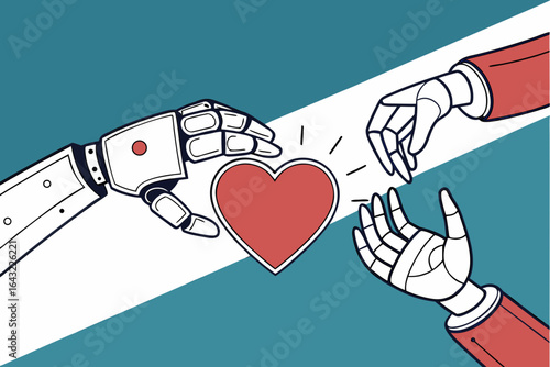 A robotic hand and a human hand reach out to each other, with a heart floating between them, symbolizing the connection between technology and humanity vector art