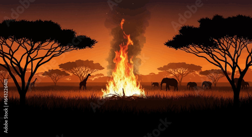 african savanna sunset a fiery campfire scene with elephants and giraffes perfect for wildlife documentaries travel brochures and safari adventures