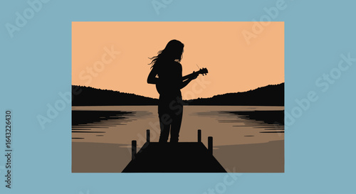 serene sunset silhouette woman playing ukulele on lakeside dock peaceful evening music solitude relaxation and tranquility