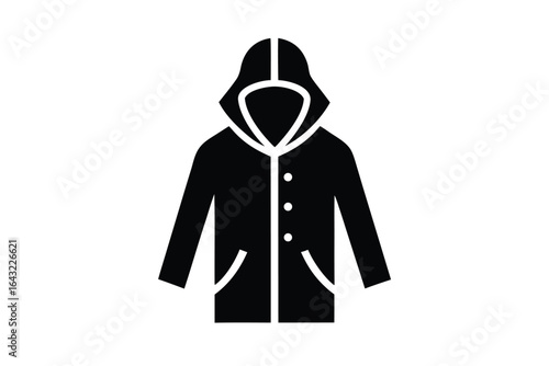 Isolated black hooded raincoat icon features three buttons, simple yet stylish on white