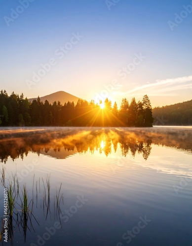 Wallpaper Mural Serene sunrise over calm lake, misty shoreline, sun reflecting on still water, mountain silhouette Torontodigital.ca