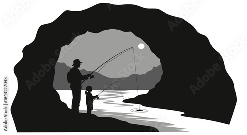 silhouette of father and daughter fishing under a cave at night a peaceful family bonding moment perfect for fathers day family vacation or outdoor recreation websites and blogs