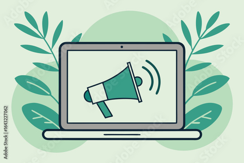 Online marketing and promotion concept with laptop and loudspeaker in natural design