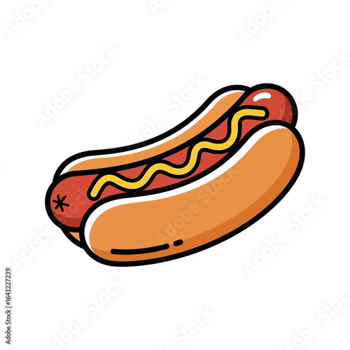 A cartoon hot dog rests in a bun with mustard topping.