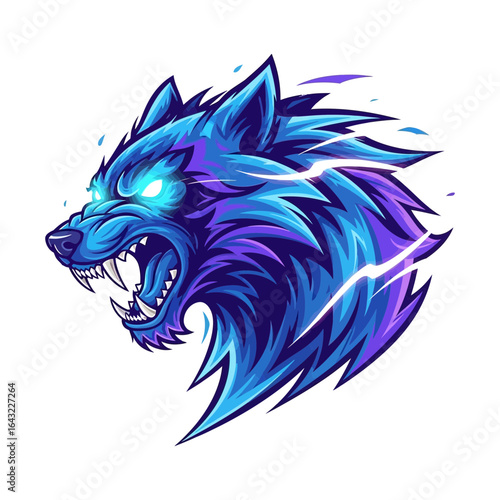 A stylized wolf head with glowing eyes and lightning accents showing a fierce expression.
