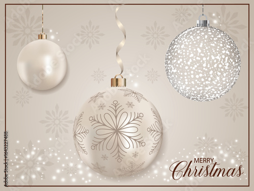 Hanging Pearly 3D realistic metallic Xmas bauble ball with dark snowflake decoration.