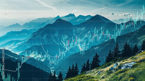 Serene mountain landscape with financial charts illustrating market highs and lows. Financial insights