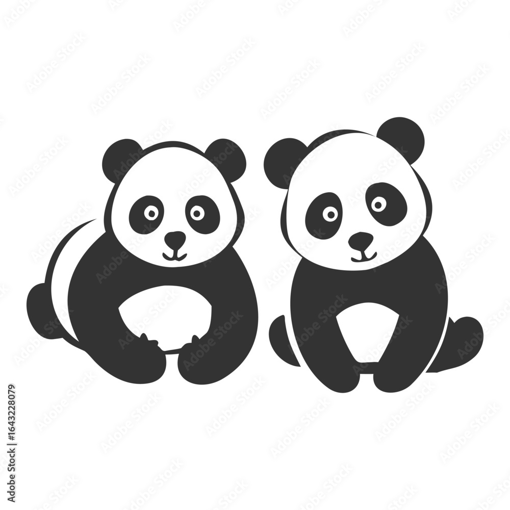 Fototapeta premium Cute black and white silhouettes of two sitting pandas with big eyes and smiles, on white background. Vector art for kids, wildlife, and adorable animal themes.