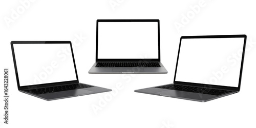 Laptop Mock‑Up Trio – Three Black Keyboard Computers with Blank White Screens, Front and Angled Views, Transparent Background
