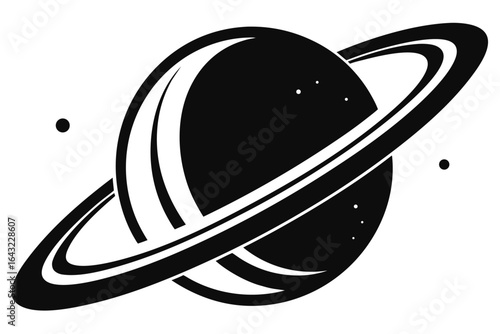 Planet Saturn displays its rings while surrounded by two small moons on a white background