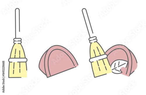 Autumn broom and dustpan illustrations for seasonal cleaning scenes