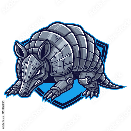 Armadillo illustration facing forward inside a blue diamond shape. It is a stylized drawing.