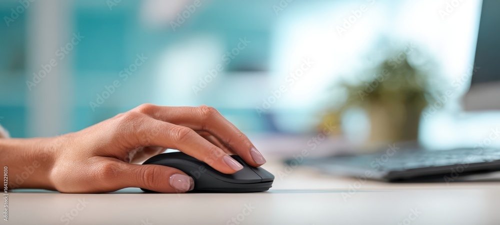 The close-up of a hand using a computer mouse at a modern workspace. The close-up of a hand using a computer mouse at a modern workspace.