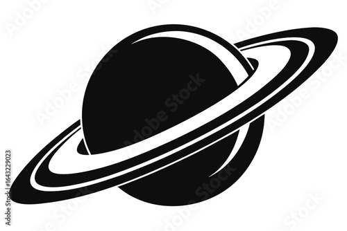Monochrome shows the celestial planet Saturn with its prominent rings visible on a white background