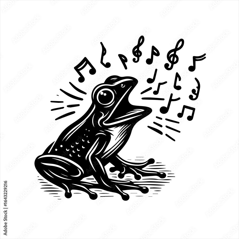 Fototapeta premium Black and white illustration of a frog singing with musical notes
