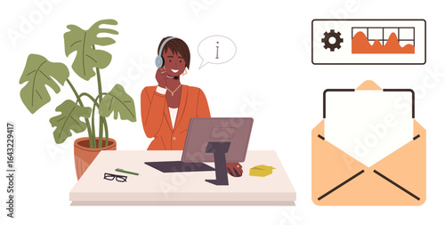 Customer support agent with headset at a desk, speaking with a client. Desktop includes a monitor, envelope, analytics chart, and plant. Ideal for customer service, teamwork, professionalism