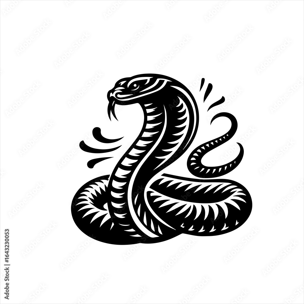 Obraz premium Stylized black cobra snake illustration with fangs and coiled body