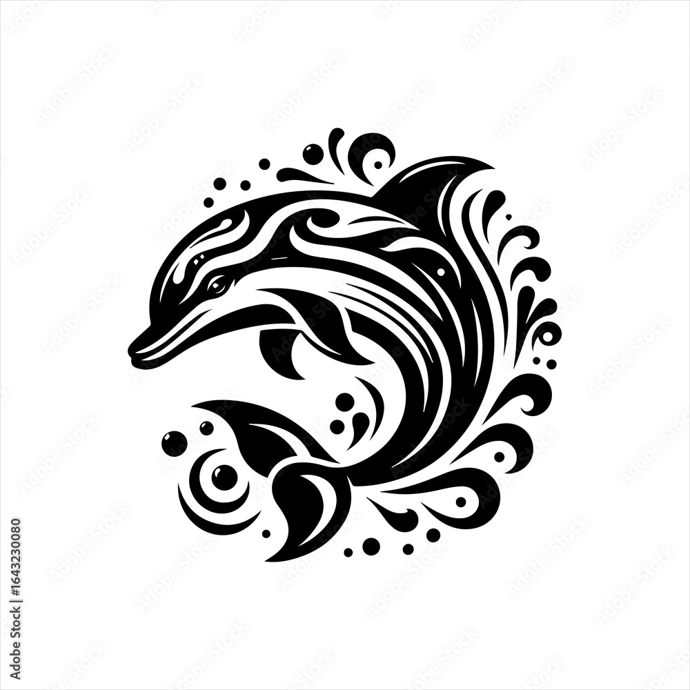 Fototapeta premium Tribal style black dolphin with swirling water elements