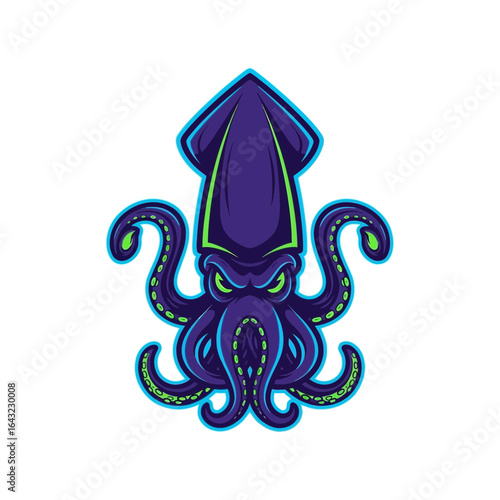 A stylized squid illustration features tentacles eyes and a dark blue body.