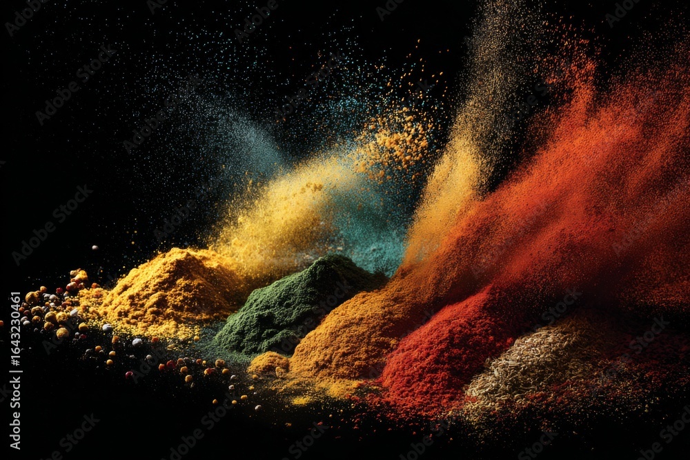 Naklejka premium Colorful spices exploding into the air against a black background.