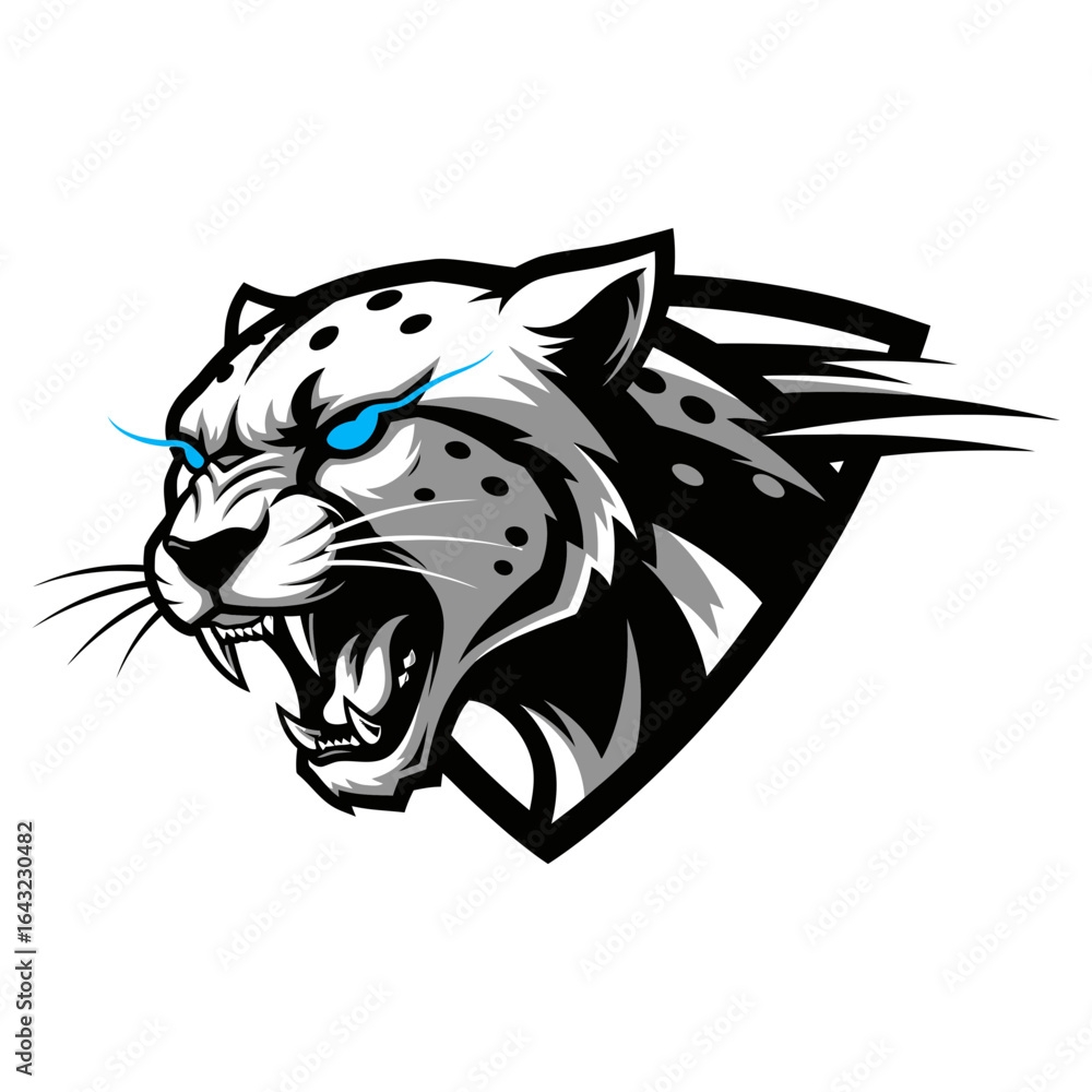 Fototapeta premium A stylized jaguar head with sharp teeth and intense blue eyes.