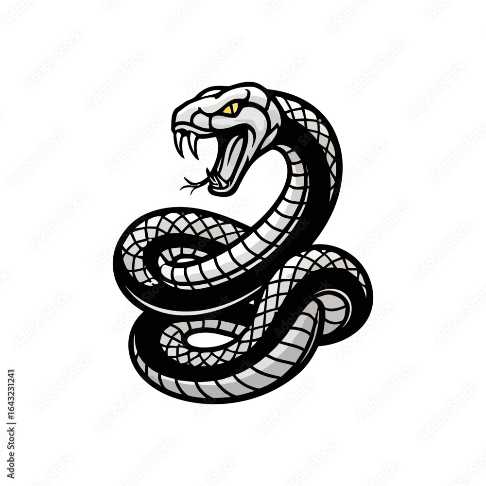 Fototapeta premium A coiled snake with open mouth and visible fangs is depicted.