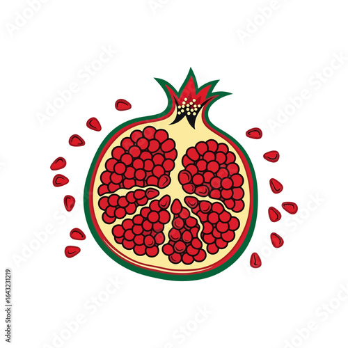 A halved pomegranate with seeds scattered around the fruit showing its interior.